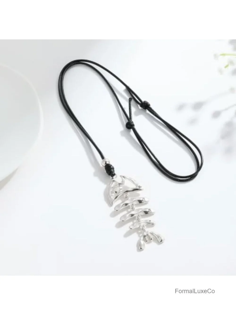 Gold Plated Statement Fish Bone Pendant Necklace Long Wax Cord Chain Women